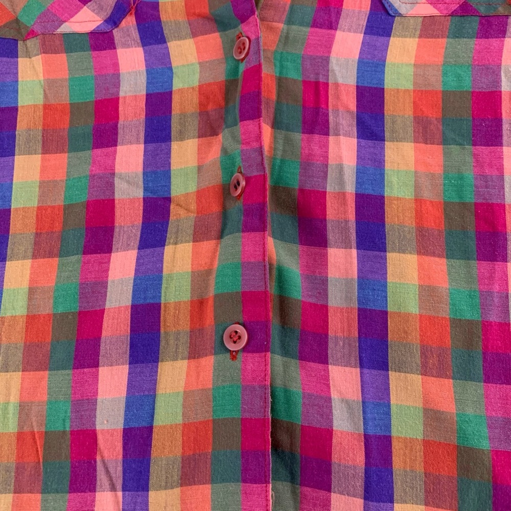 Vintage 80s Ecco Bay Plaid Rainbow Multi Checkered Short Sleeve Button U… - Picture 10 of 14
